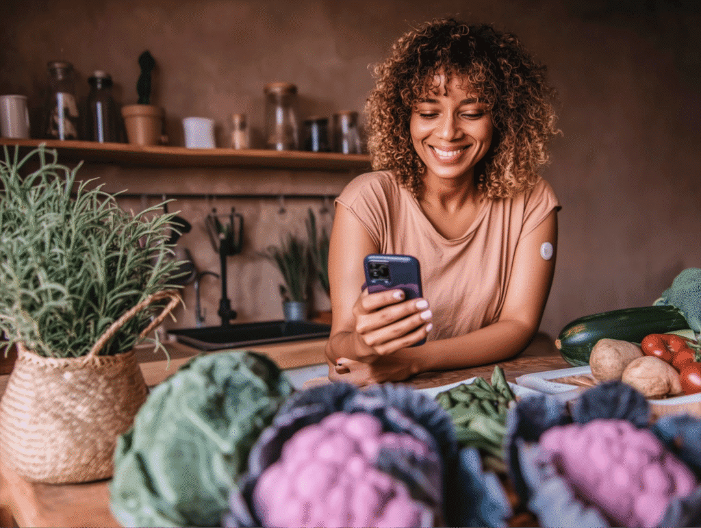 Smiling woman in a kitchen wearing a continuous glucose monitor on her arm, looking at her smartphone, with fresh vegetables and herbs on the counter in front of her.
