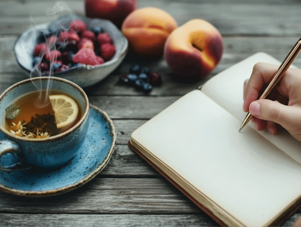 Person writing in an open journal on a wooden table with a cup of herbal tea and a bowl of fresh berries and peaches nearby.